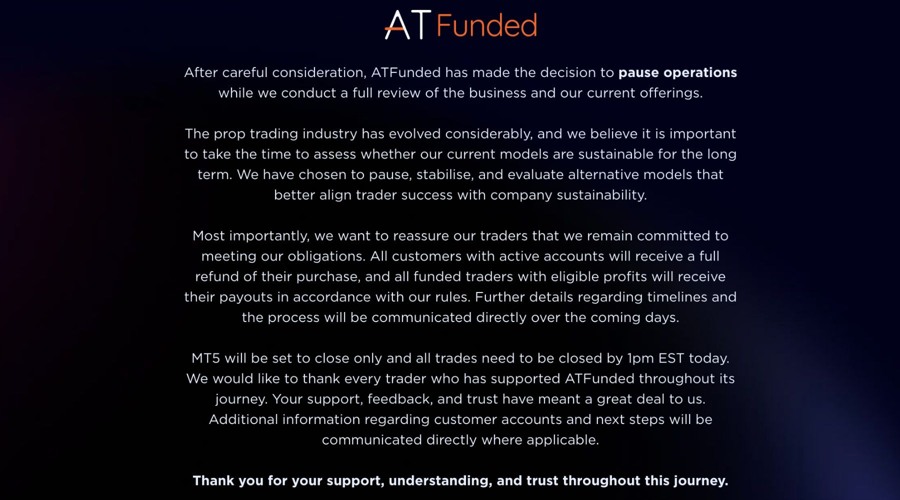 ATFX Suspends ATFunded Prop Trading Operations for Full Review